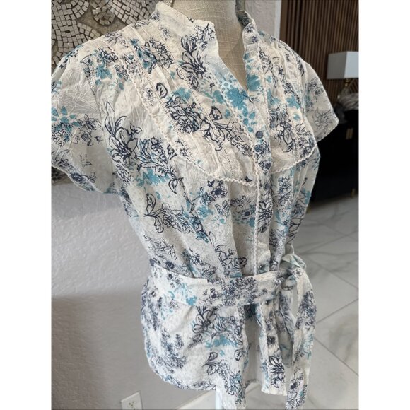 Point Zero Womens Large Floral Button-Up Blouse With Tie Belt - Picture 3 of 7